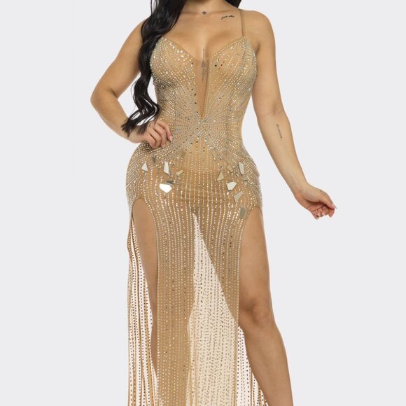 Front Split Mirror Rhinestone Maxi Dress - Picture 1 of 6